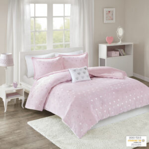 Rosalie Metallic Printed Plush Comforter Set with Throw Pillow in Pink/Silver From Mi Zone