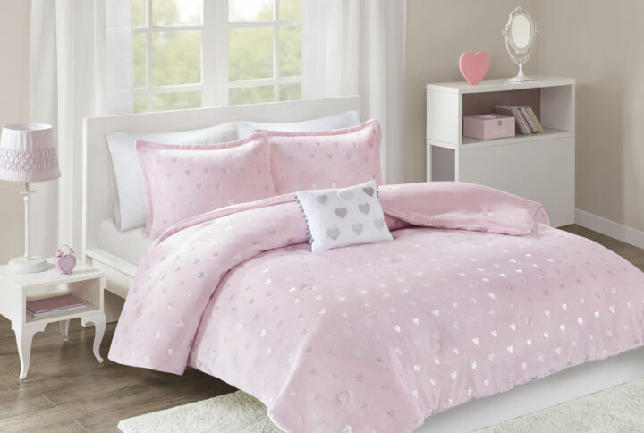 Rosalie Metallic Printed Plush Comforter Set with Throw Pillow in Pink/Silver From Mi Zone