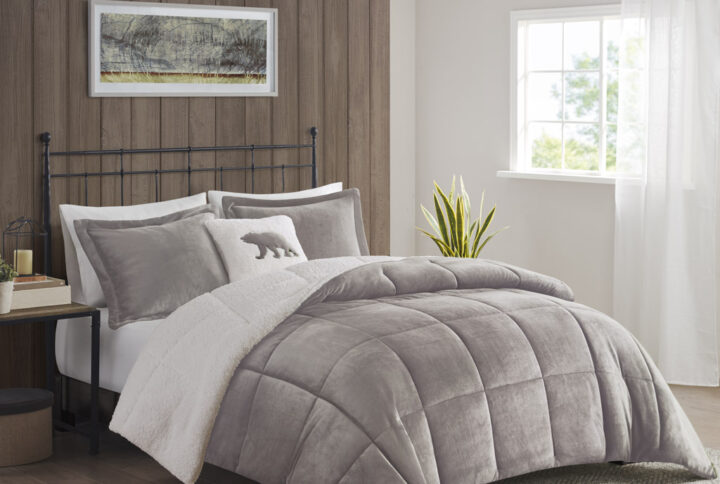 Alton Plush to Sherpa Down Alternative Comforter Set in Grey/Ivory From Woolrich