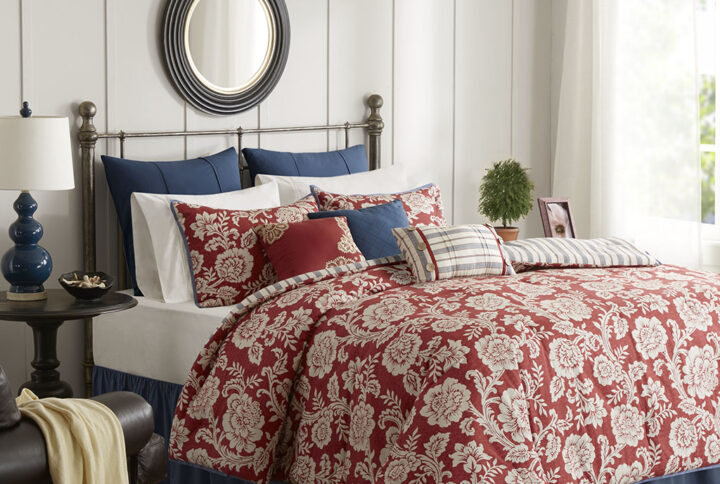 Lucy 9 Piece Cotton Twill Reversible Comforter Set in Red From Madison Park