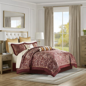 Aubrey 12 Piece Comforter Set with Cotton Bed Sheets in Red From Madison Park