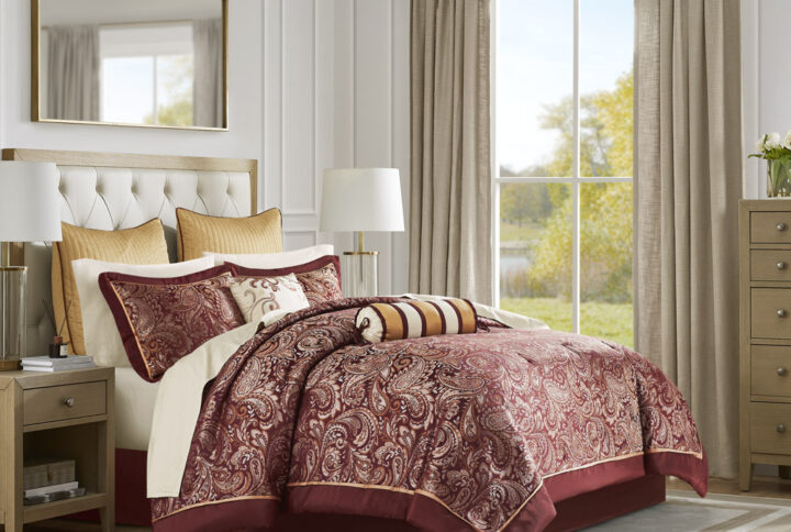 Aubrey 12 Piece Comforter Set with Cotton Bed Sheets in Red From Madison Park