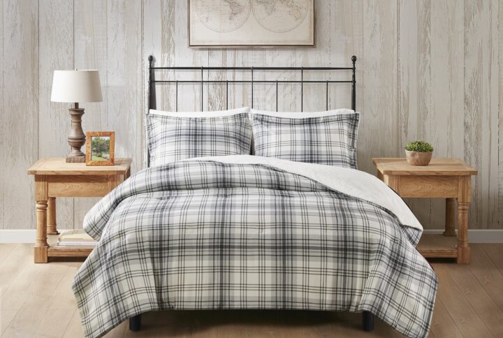 Bernston Faux Wool to Faux Fur Down Alternative Comforter Set in Gray Plaid From Woolrich