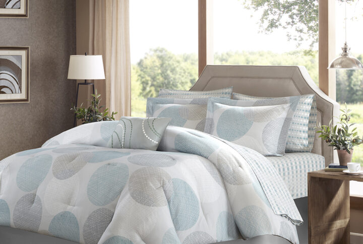 Knowles 9 Piece Comforter Set with Cotton Bed Sheets in Aqua From Madison Park Essentials