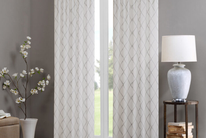 Irina Diamond Sheer Window Curtain Panel in White/Grey From Madison Park