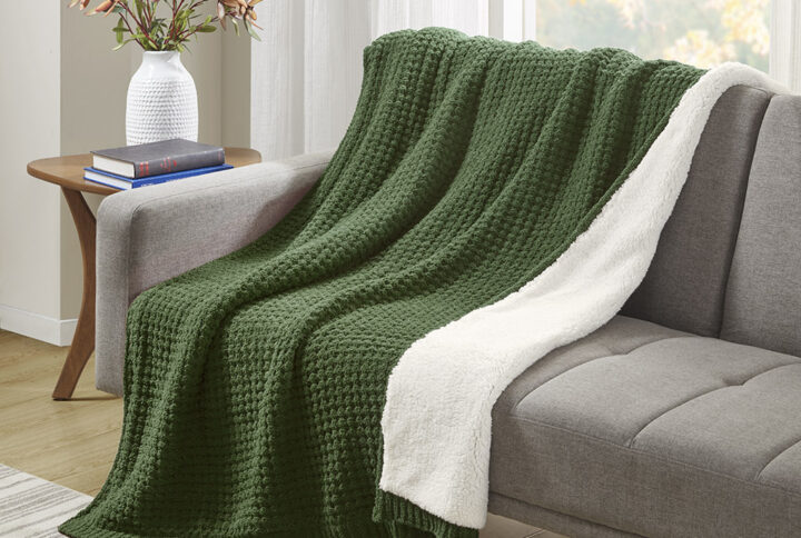 Rowan Waffle Knit Chenille Throw in Green From Madison Park