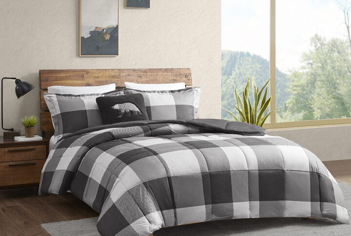 Hudson Valley Down Alternative Comforter Set in Grey/Black Buffalo Check From Woolrich