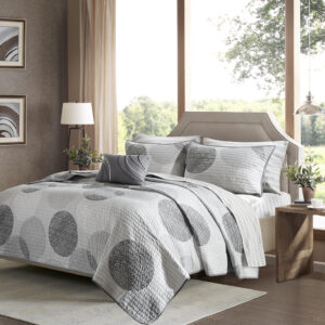 Knowles 8 Piece Quilt Set with Cotton Bed Sheets in Grey From Madison Park Essentials