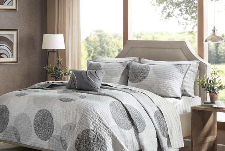 Knowles 8 Piece Quilt Set with Cotton Bed Sheets in Grey From Madison Park Essentials