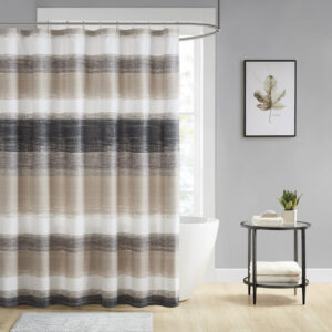 Saben Stripe Print Shower Curtain in Taupe/Black From Madison Park Essentials