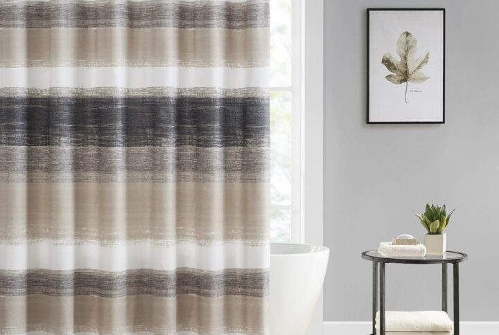 Saben Stripe Print Shower Curtain in Taupe/Black From Madison Park Essentials