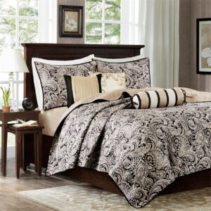 Aubrey 6 Piece Jacquard Quilt Set with Throw Pillows in Black From Madison Park