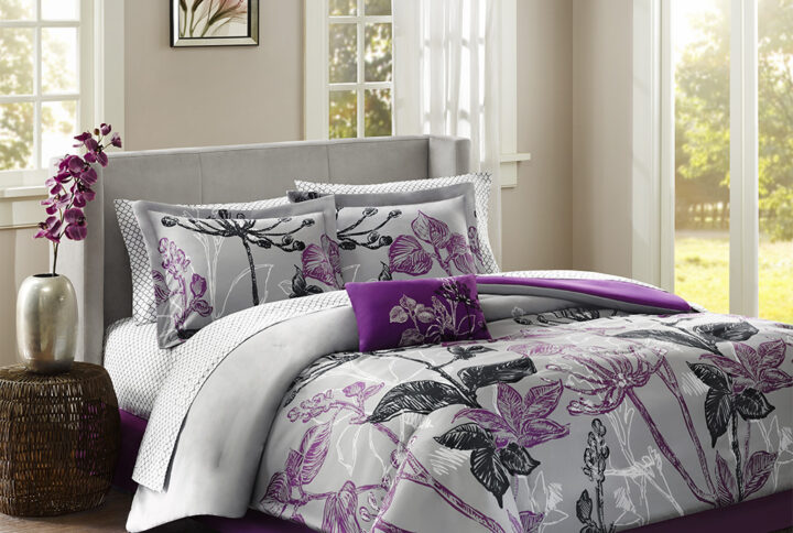 Claremont 9 Piece Comforter Set with Cotton Bed Sheets in Purple From Madison Park Essentials