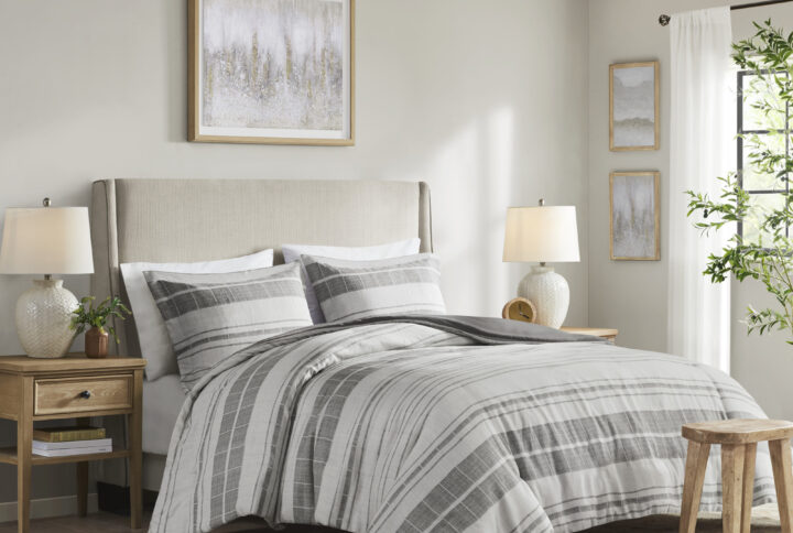 Rhodes 3 Piece Stripe Duvet Cover Set in Grey/Multi From Madison Park