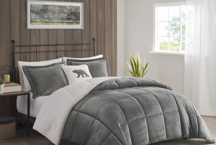 Alton Plush to Sherpa Down Alternative Comforter Set in Charcoal/Ivory From Woolrich