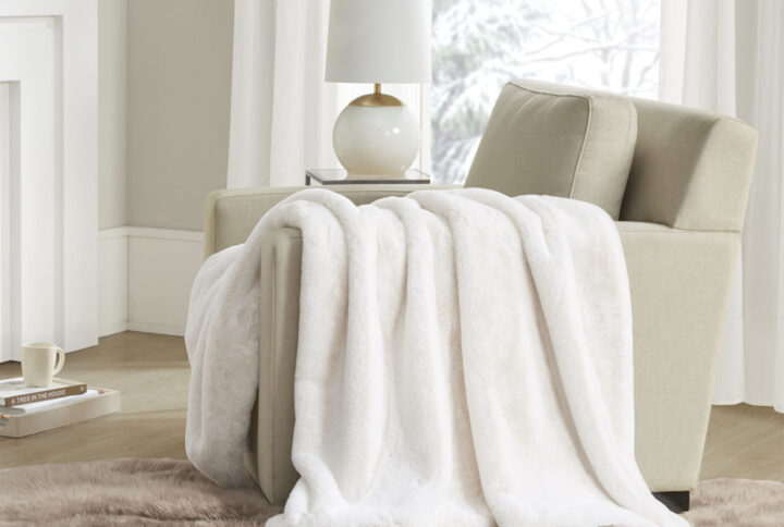 Bristol Solid Premium Faux Fur Throw in Ivory From Madison Park