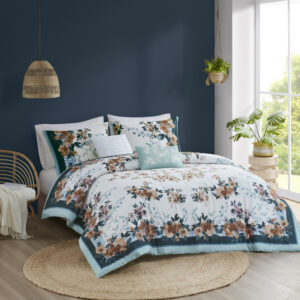 Jules 5 Piece Cotton Floral Comforter Set with Throw Pillows in Teal From Madison Park