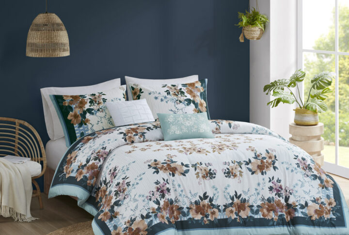 Jules 5 Piece Cotton Floral Comforter Set with Throw Pillows in Teal From Madison Park