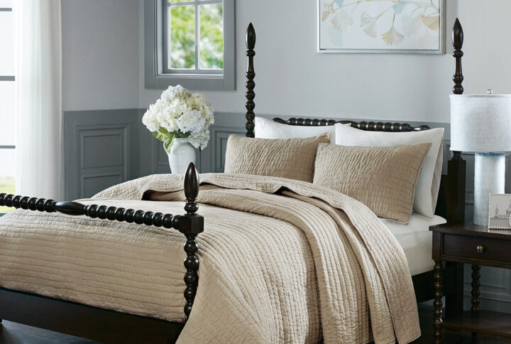 Serene 3 Piece Hand Quilted Cotton Quilt Set in Linen From Madison Park Signature