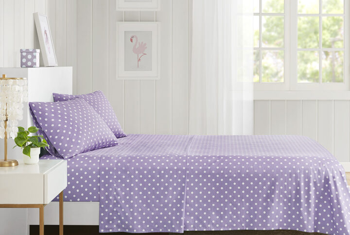 Polka Dot Printed 100% Cotton Sheet Set in Purple From Mi Zone