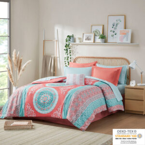 Loretta Boho Comforter Set with Bed Sheets in Coral From Intelligent Design