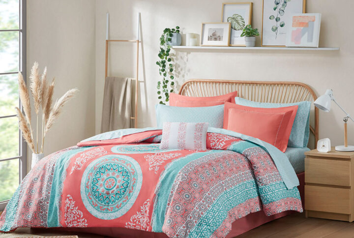 Loretta Boho Comforter Set with Bed Sheets in Coral From Intelligent Design