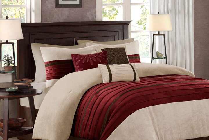 Palmer 7 PC Pieced Faux Suede Comforter Set in Red From Madison Park