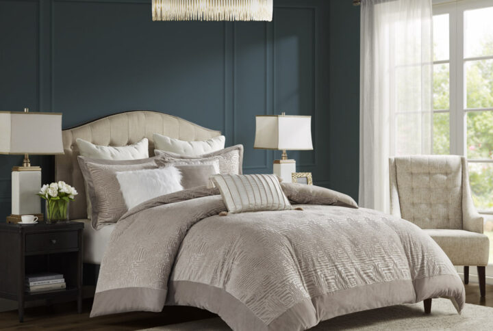 Pescal Oversized Velvet Comforter Set with Euro Shams and Throw Pillows in Beige From Madison Park Signature