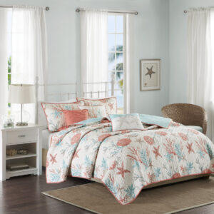 Pebble Beach 6 Piece Cotton Sateen Quilt Set with Throw Pillows in Coral From Madison Park