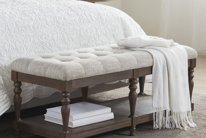 Highland Tufted Accent Bench with Shelf in Ivory From Martha Stewart