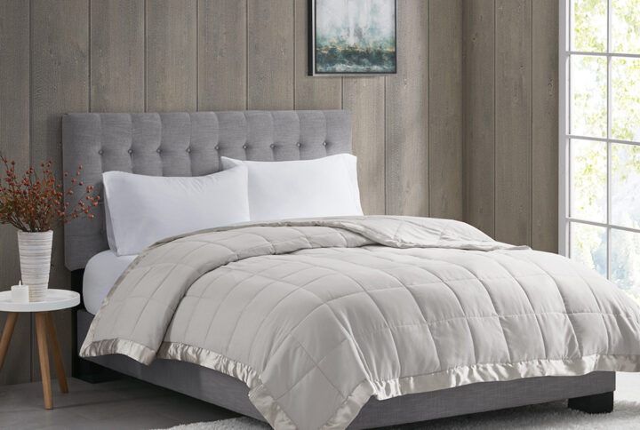 Windom Lightweight Down Alternative Blanket with Satin Trim in Grey From Madison Park