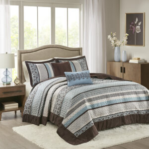 Princeton 5 Piece Reversible Jacquard Bedspread Set in Blue From Madison Park