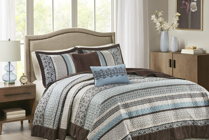 Princeton 5 Piece Reversible Jacquard Bedspread Set in Blue From Madison Park