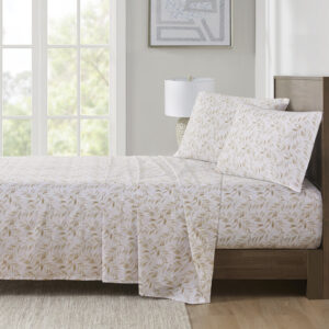 200 Thread Count Printed Cotton Sheet Set in Tan Leaves From Madison Park Essentials