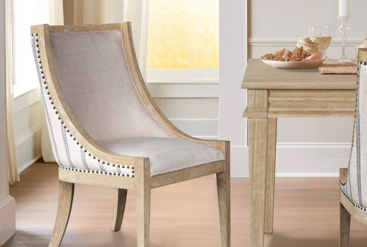 Elmcrest Upholstered Dining Chair with Nailhead Trim in Beige Stripe From Martha Stewart