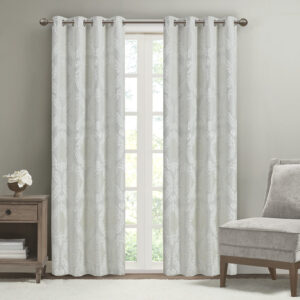 Amelia Knitted Jacquard Paisley Total Blackout Grommet Top Curtain Panel in White From SunSmart