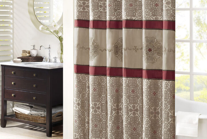 Donovan Embroidered Shower Curtain in Red From Madison Park