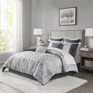 Emilia 12 Piece Jacquard Comforter Set with Bed Sheets in Silver From Madison Park