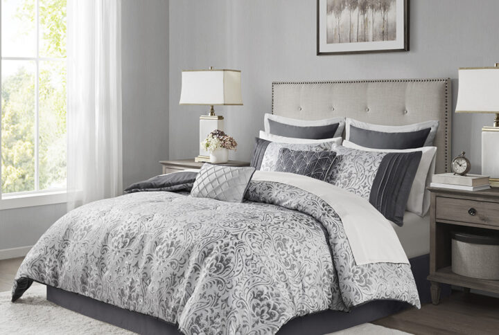 Emilia 12 Piece Jacquard Comforter Set with Bed Sheets in Silver From Madison Park