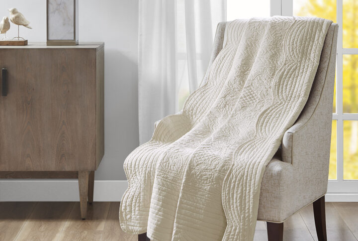 Tuscany Oversized Quilted Throw with Scalloped Edges in Cream From Madison Park