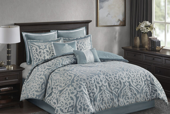 Odette 8 Piece Jacquard Comforter Set in Aqua/Silver From Madison Park