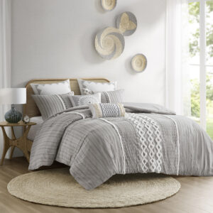 Imani Cotton Printed Comforter Set with Chenille in Gray From INK+IVY