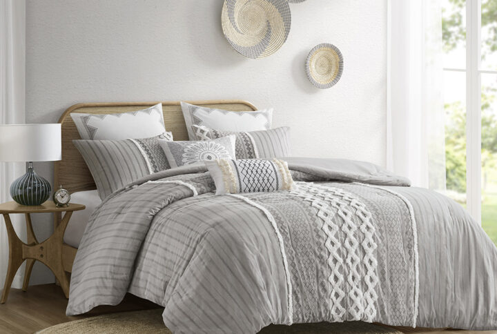 Imani Cotton Printed Comforter Set with Chenille in Gray From INK+IVY