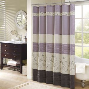 Serene Faux Silk Embroidered Floral Shower Curtain in Purple From Madison Park