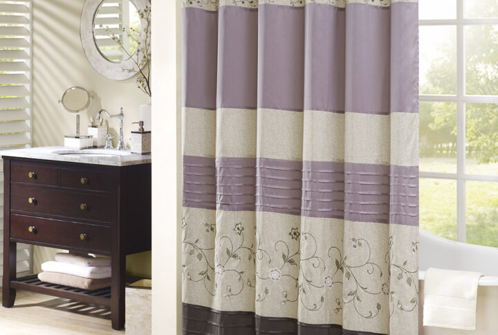 Serene Faux Silk Embroidered Floral Shower Curtain in Purple From Madison Park