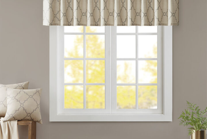 Saratoga Fretwork Print Grommet Top Window Valance in Beige/Grey From Madison Park