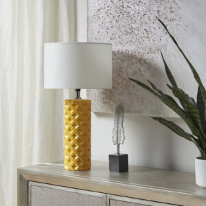 Macey Geometric Ceramic Table Lamp in Yellow From 510 Design