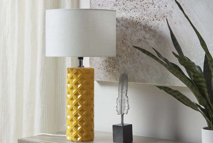 Macey Geometric Ceramic Table Lamp in Yellow From 510 Design