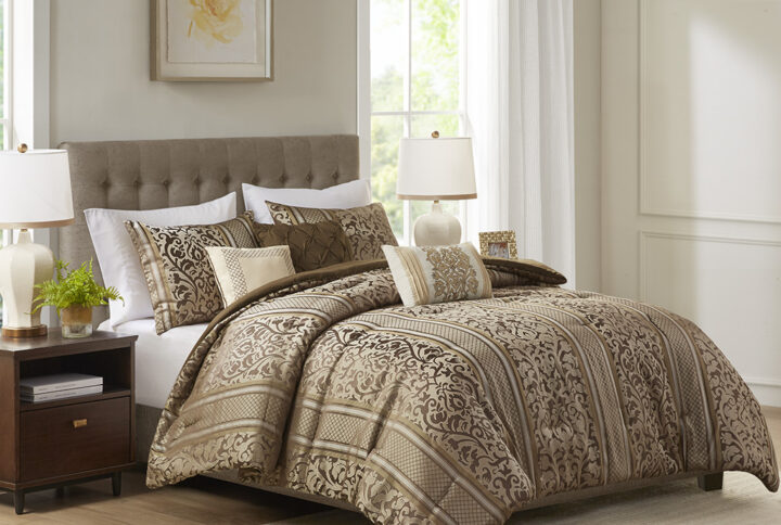 Bella 6 Piece Jacquard Comforter Set with Throw Pillows in Brown From Madison Park