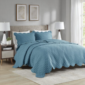 Nala 3 Piece Scalloped Edge Crinkle Microfiber Quilt Set in Teal From Madison Park